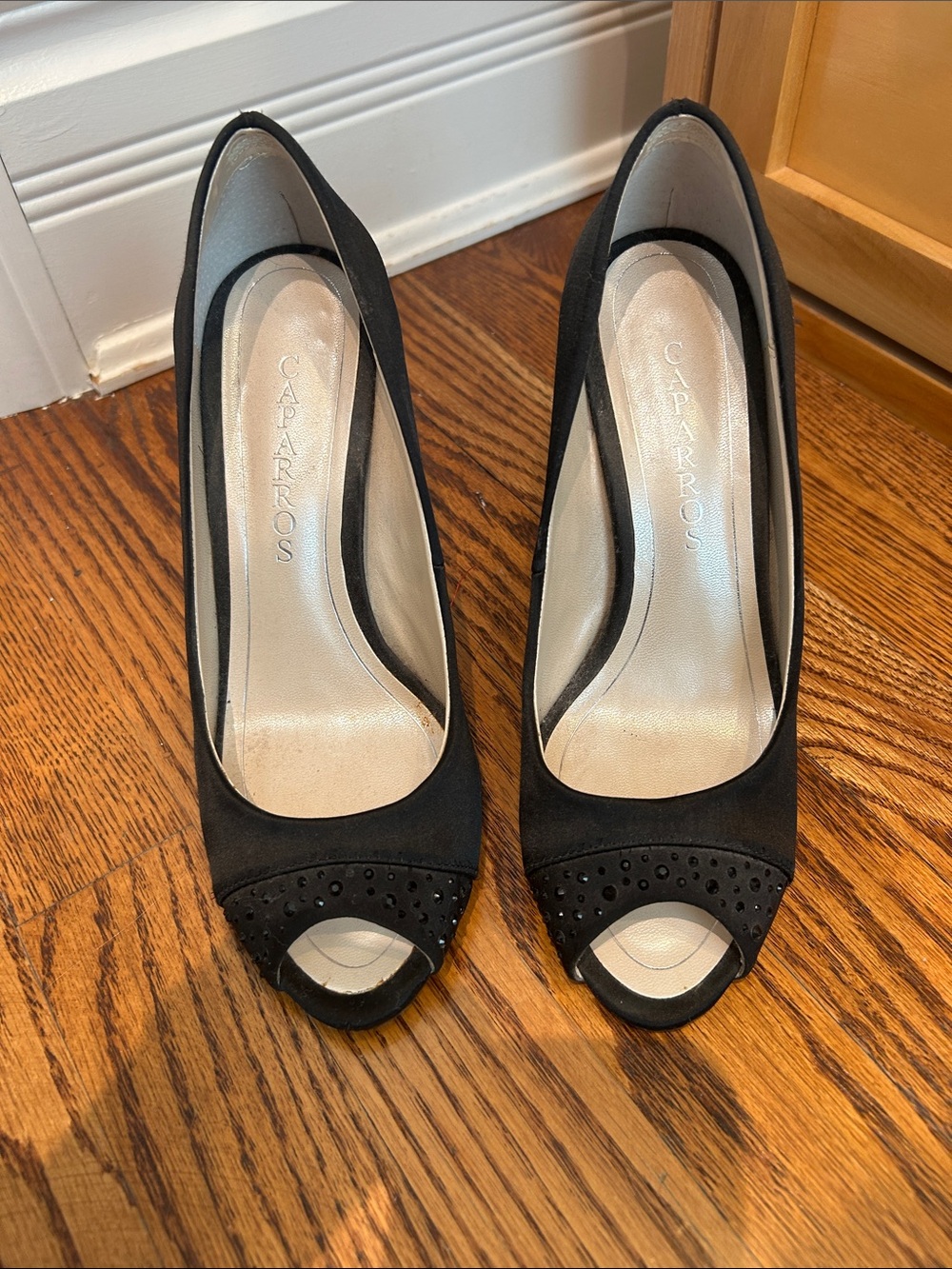 Caparros Black Peep-Toe Heels with black crystal Studded Toe Trim